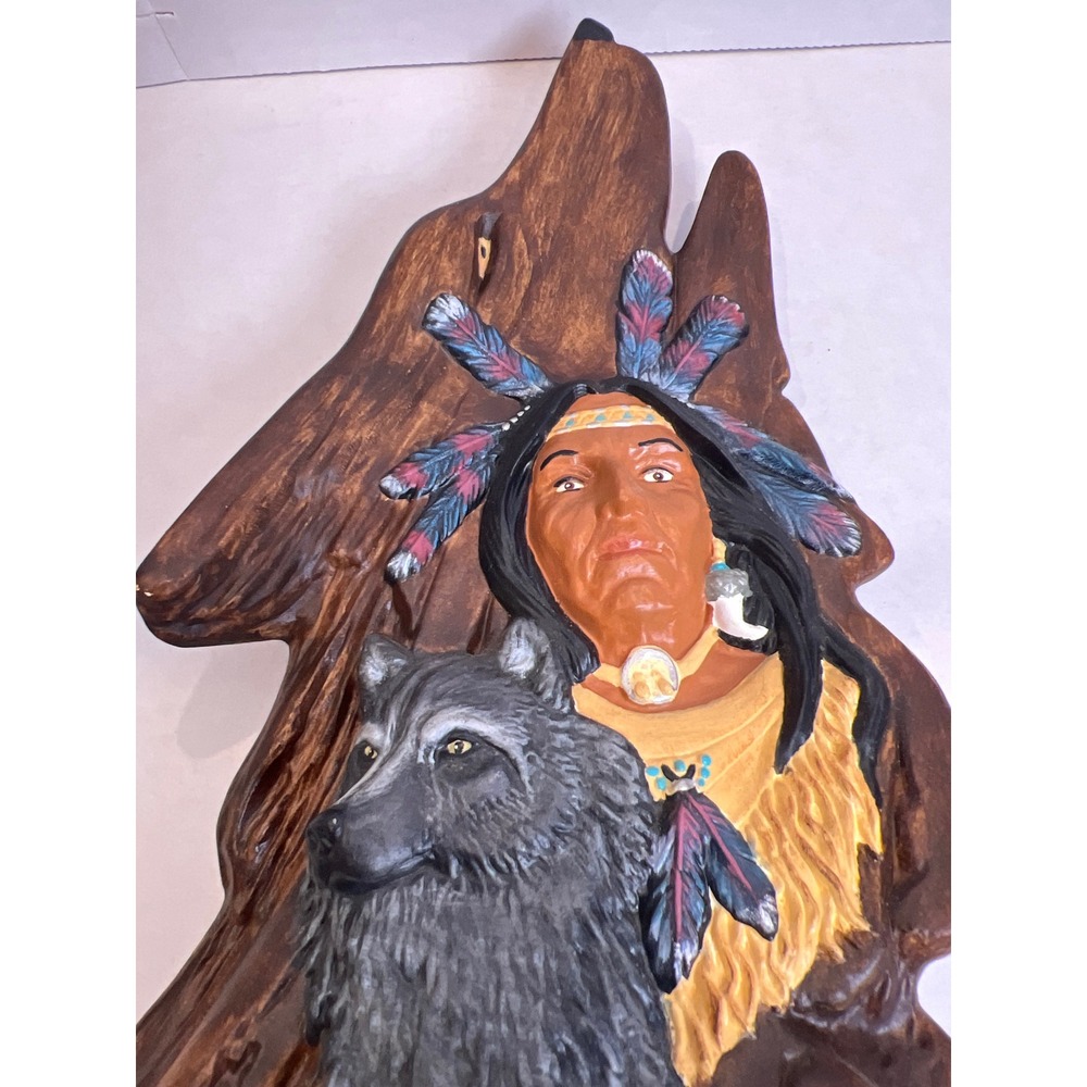 Native American Chief and Wolf Resin Sculpture Howling‎ Wolf Faux Wood Figurine - Picture 10 of 10